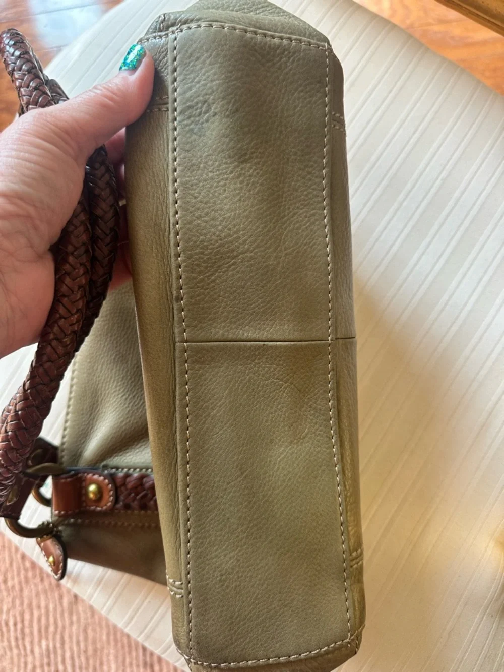 Fossil Leather Satchel Bag Burgandy Olive Green Burgandy Woven Strap Boho